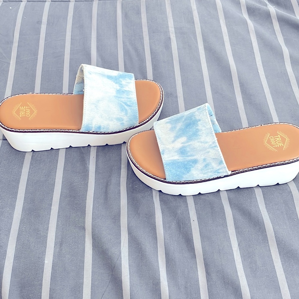 Blue denim low wedge sandal